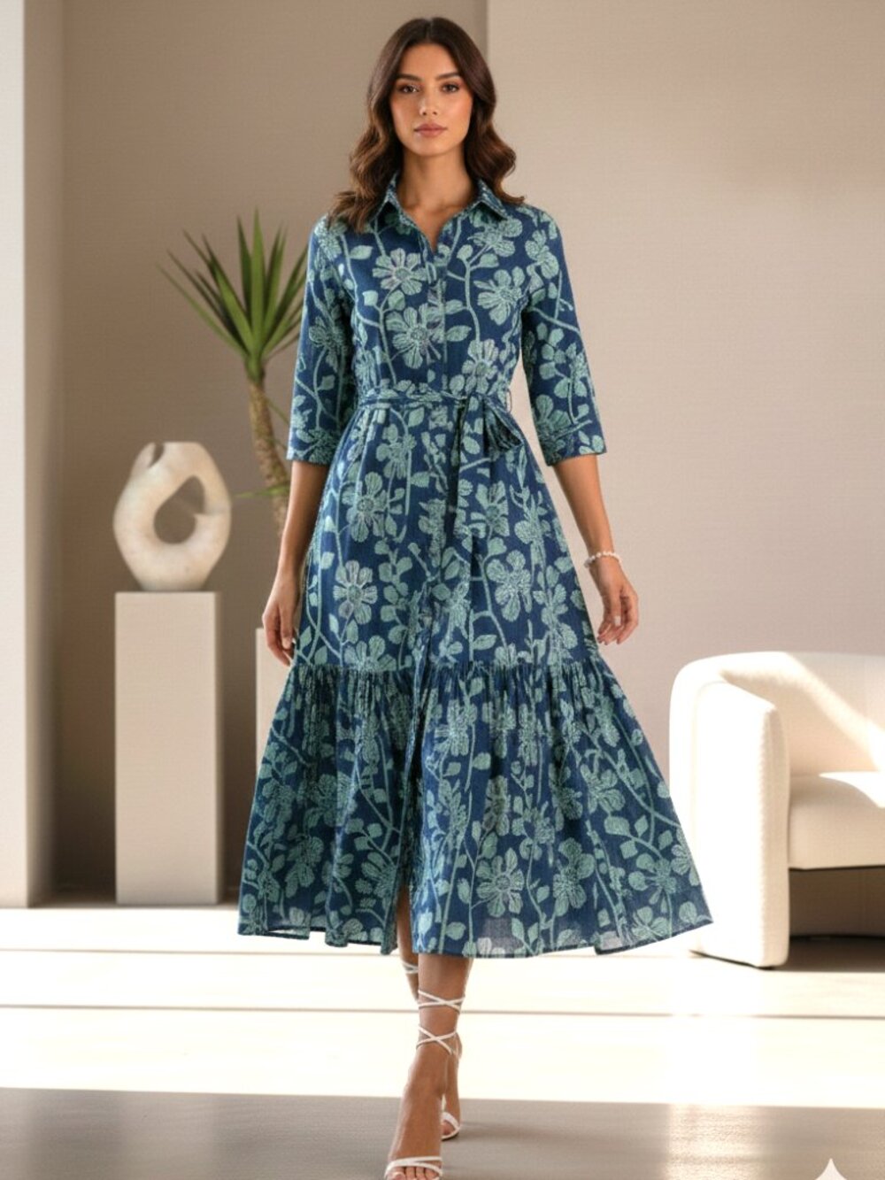 Floral Hand Block Print Kyra Midi Dress | Bohemian Cotton Dress Dresses for Her